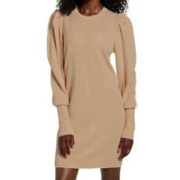 WAYF San Francisco Long Puff Sleeve Mini Knit Sweater Dress Camel - Picture 1 of 10